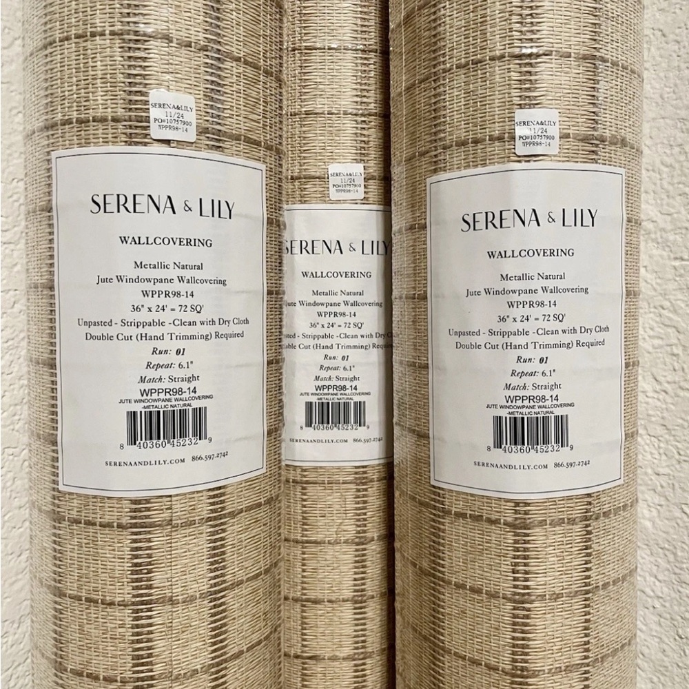 NEW 3 rolls Serena & Lily Jute Windowpane Wallcovering-Metallic Natural